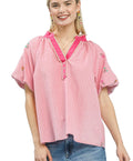 Umgee Embroidered Vertical Stripe Top with Floral Shoulder Embroidery, V-Neck Contrast Trim, Button Placket, and Short Lined Dolman Sleeves
