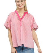 Umgee Embroidered Vertical Stripe Top with Floral Shoulder Embroidery, V-Neck Contrast Trim, Button Placket, and Short Lined Dolman Sleeves