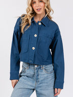 Bytos USA Denim Jacket Blue Cropped Women Cotton with Patch Pockets Peacock Blue 80cbe820-ffd2-4c87-afef-d0f53a0aa6b5-Max Trendsi