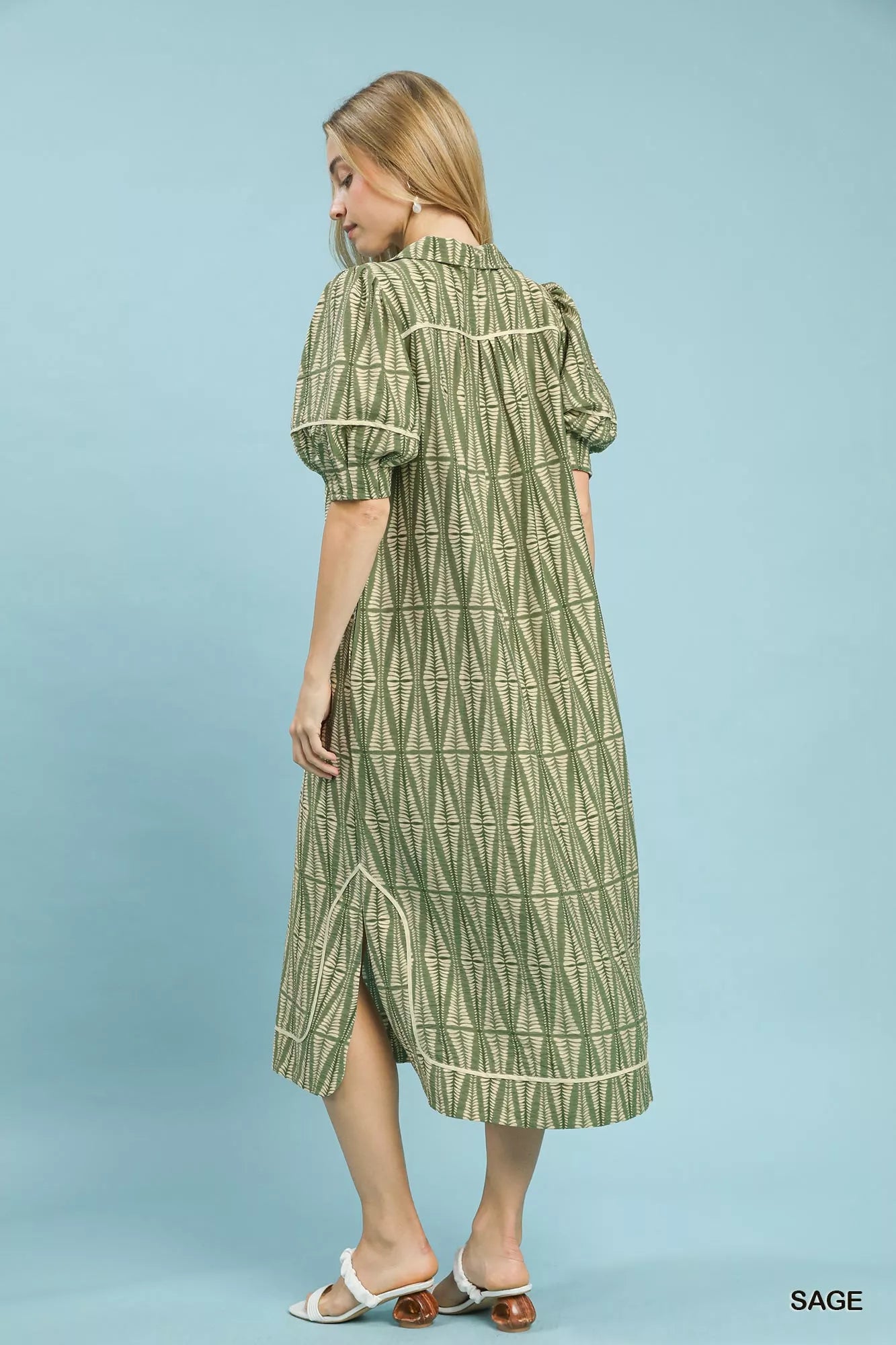 Umgee Midi DressvGeometric Print Sage Green Short Ballon Sleeve with Pockets 80ce8ed7-c166-4aed-934a-4a5f37817a72-Max-Origin Trendsi
