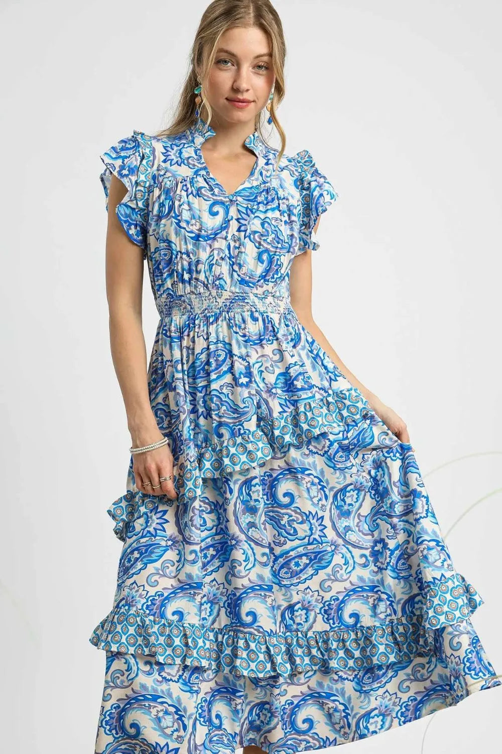 Umgee Midi Dress Royal Blue Paisley Print Ruffle Sleeve Smocked 80d7e186-cf6e-4e9a-9239-0ce41d90d62f-Max-Origin Trendsi