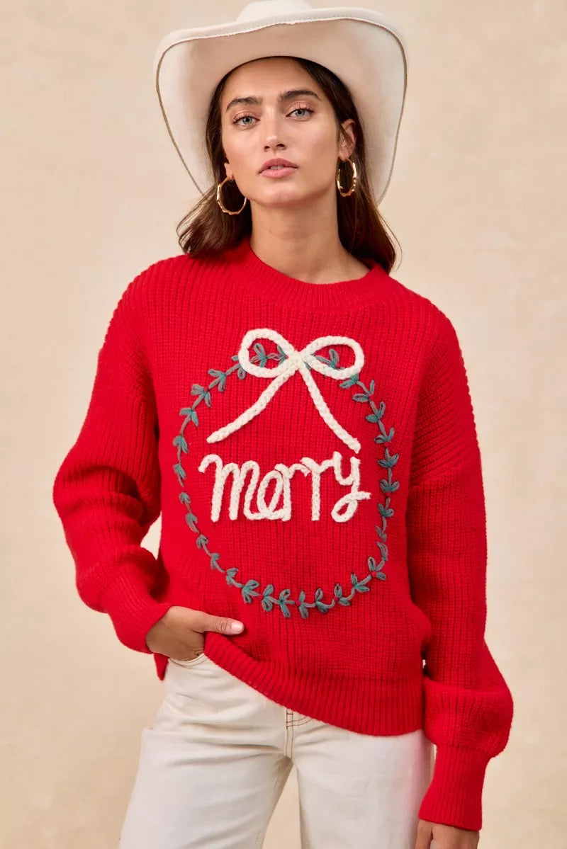 BiBi Christmas Womens Pullover Red Wreath Merry Letter Knit Top 80e24657000541e0970c177a14287882-Max-Origin Trendsi