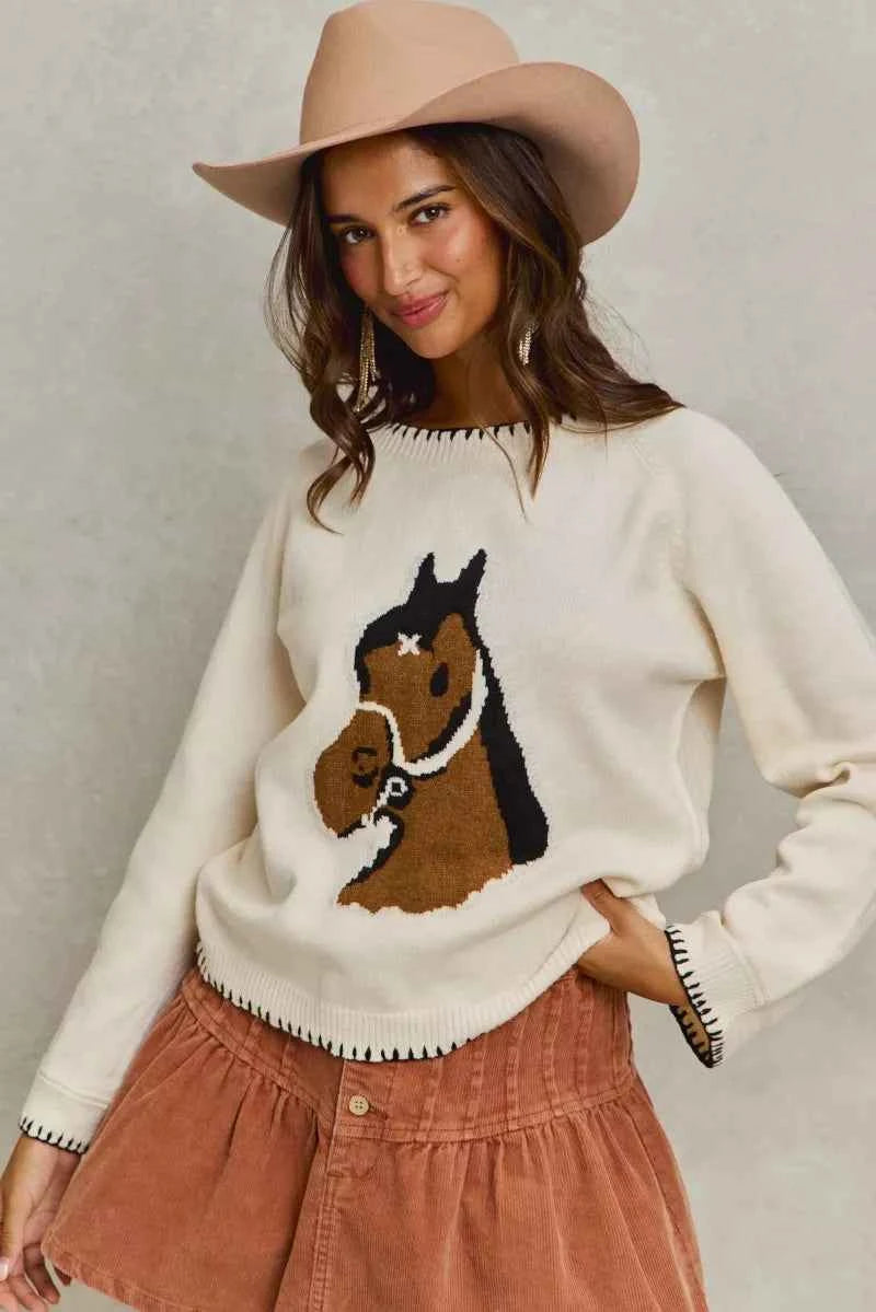 SO ME Horse Sweater Top Ivory Knit with Blanket Stitch Long Sleeve 80eb0b124c3b4295842be6e9db8ad40d-Max-Origin Trendsi