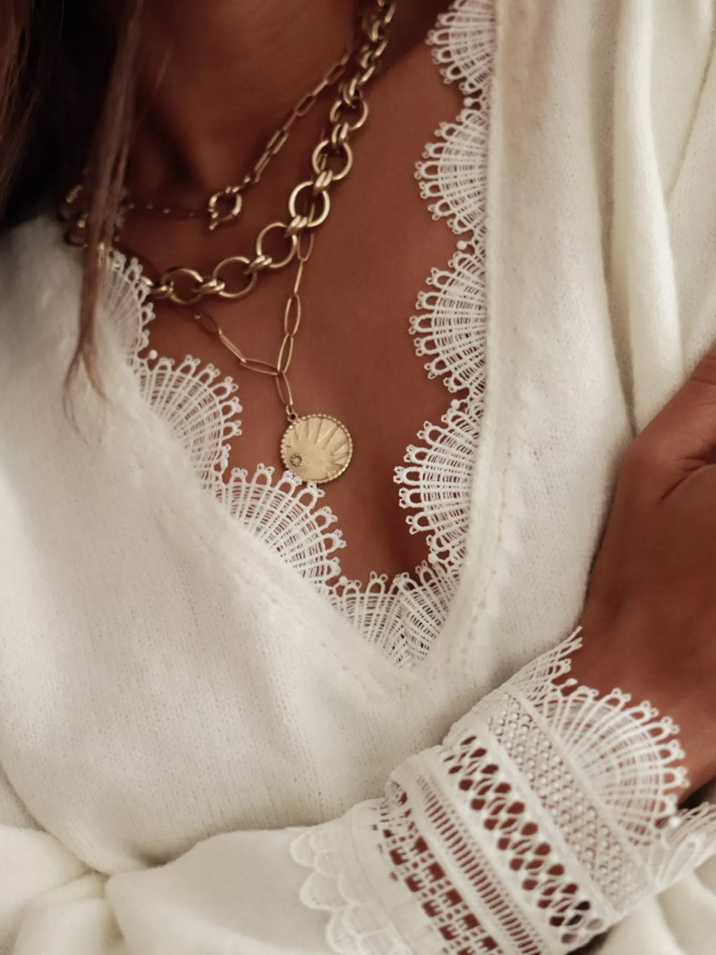 Women's Sweater White Soft Knit V-Neck Lace Trim Long Sleeve Pullover 80f289918c66419784cdd791dbbd2fb6-Max-Origin Trendsi