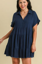 Umgee Mini Dress Ruffle Raw Hem Folded Sleeve Tiered Dark Navy 80f45205-3113-4835-8a4c-04d24358d295-Max Trendsi