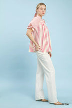 Umgee Blouse Peony Pink Striped Notched Top with Short Flutter Sleeves 80f4b754-6e41-4a23-a6e4-fdca8c10917b-Max-Origin Trendsi