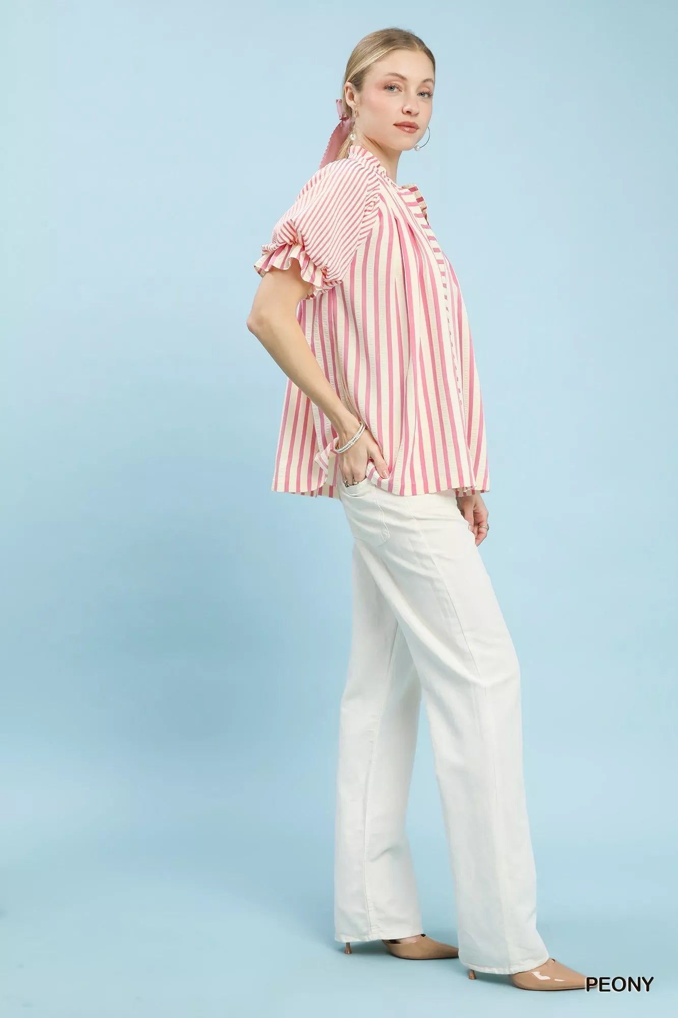 Umgee Blouse Peony Pink Striped Notched Top with Short Flutter Sleeves 80f4b754-6e41-4a23-a6e4-fdca8c10917b-Max-Origin Trendsi