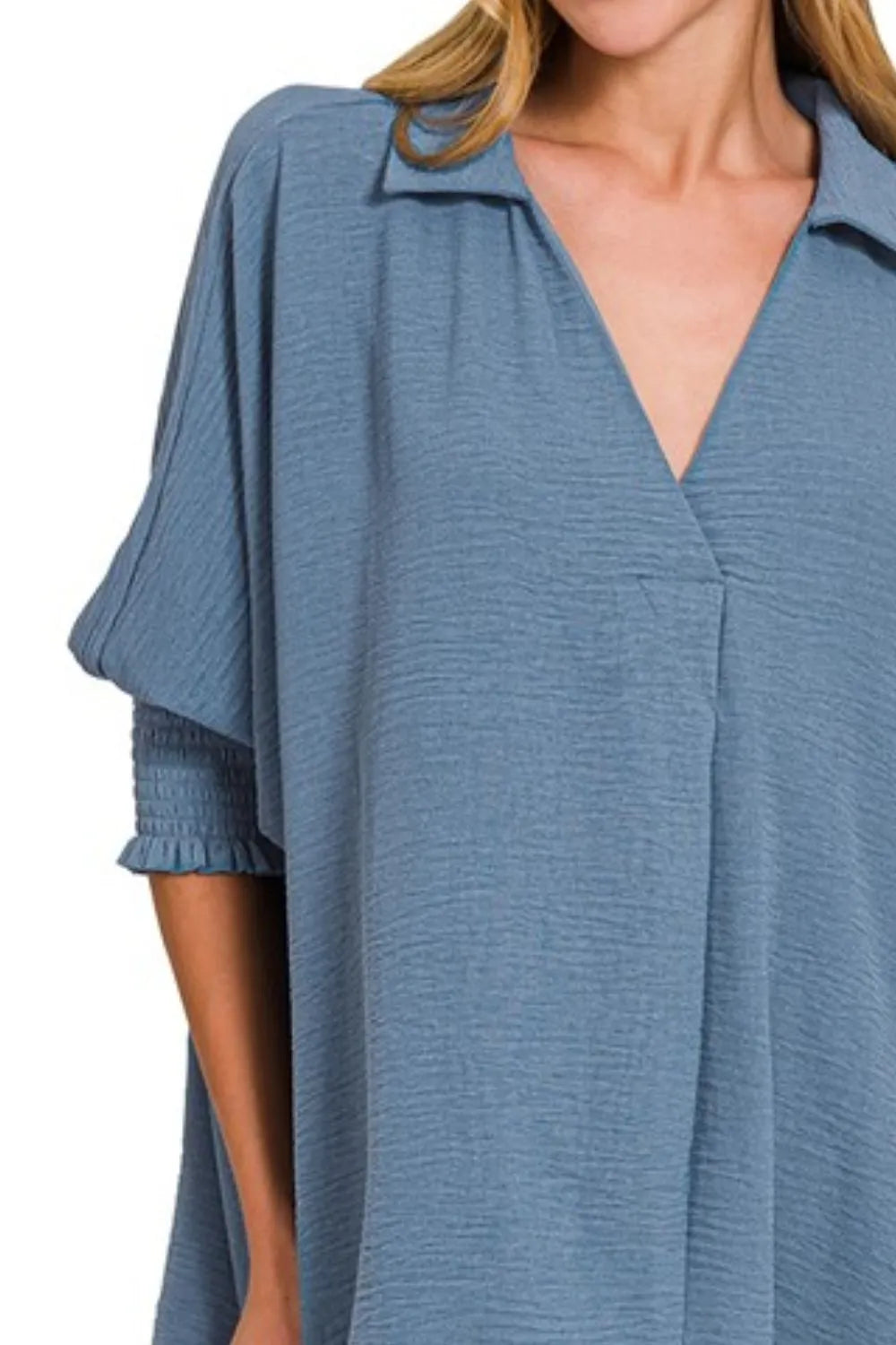 Zenana Top Collared Dusty Blue Airflow with Smocked Sleeve Band Blouse 80f6a8e8-daef-4cf8-ac05-5cc94059e860-Max-Origin Trendsi