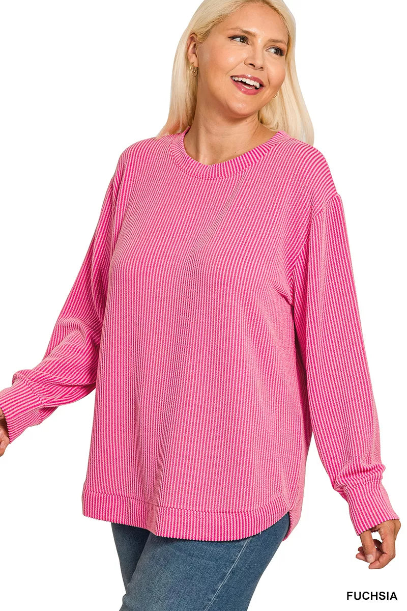 Zenana Women's Raised Rib Knit Top Fuchsia Round Neck Long Sleeve Plus Sizes 80fc6aa5-ac06-4433-90c3-0eda62ea3294-Max-Origin Trendsi