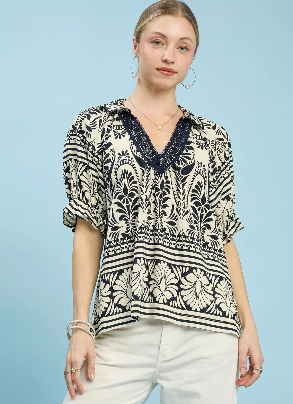 Umgee Blouse Cream Two Tone Boarder Print Top Short Puff Sleeves CREAM 8101e9bd-fc33-4fe3-b2f4-f74619a621da-Max-Origin Trendsi