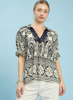 Umgee Blouse Cream Two Tone Boarder Print Top Short Puff Sleeves CREAM 8101e9bd-fc33-4fe3-b2f4-f74619a621da-Max-Origin Trendsi