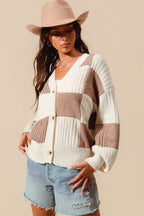 SO ME Checkered Button Front Ribbed Sweater Cardigan 810608ddc75a4e04862a5e340caead26-Max-Origin Trendsi