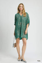 Umgee Kimono Dress Metallic Teal Leopard Print Brown V-Neck Oversized 8107ed66-17e6-4588-b474-c4a12da5c304-Max-Origin Trendsi