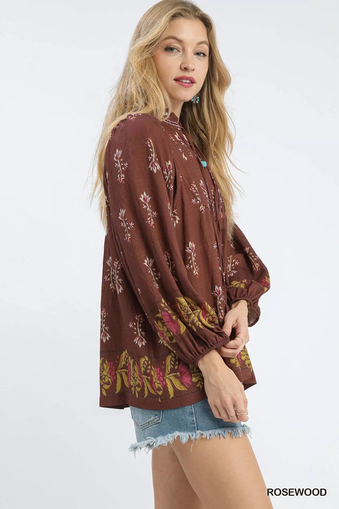 Umgee Women's Blouse Rosewood Floral Boho Peasant Ruffle Tied Top