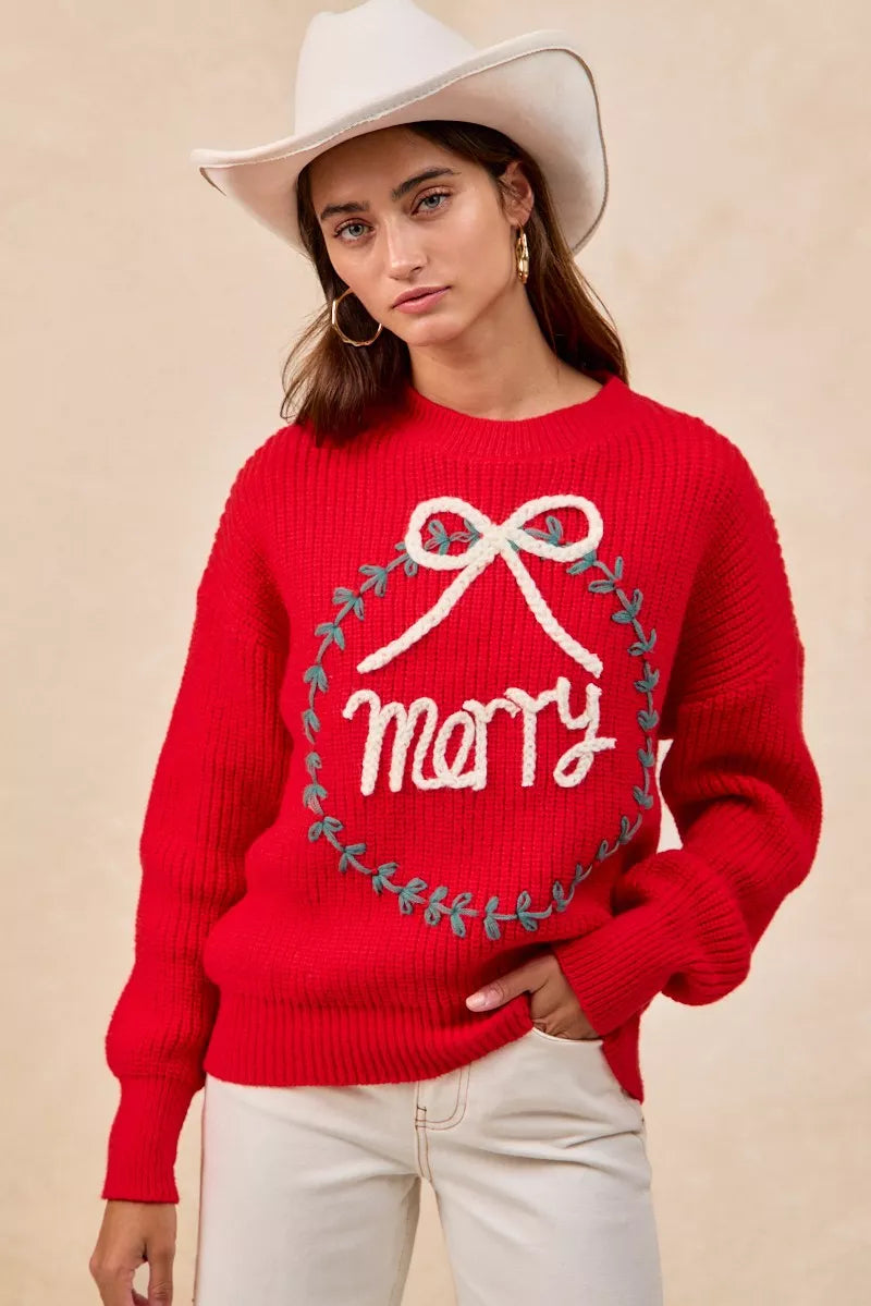 BiBi Christmas Womens Pullover Red Wreath Merry Letter Knit Top 811aa4f9adef40a4a8f1632abbc9005f-Max-Origin Trendsi