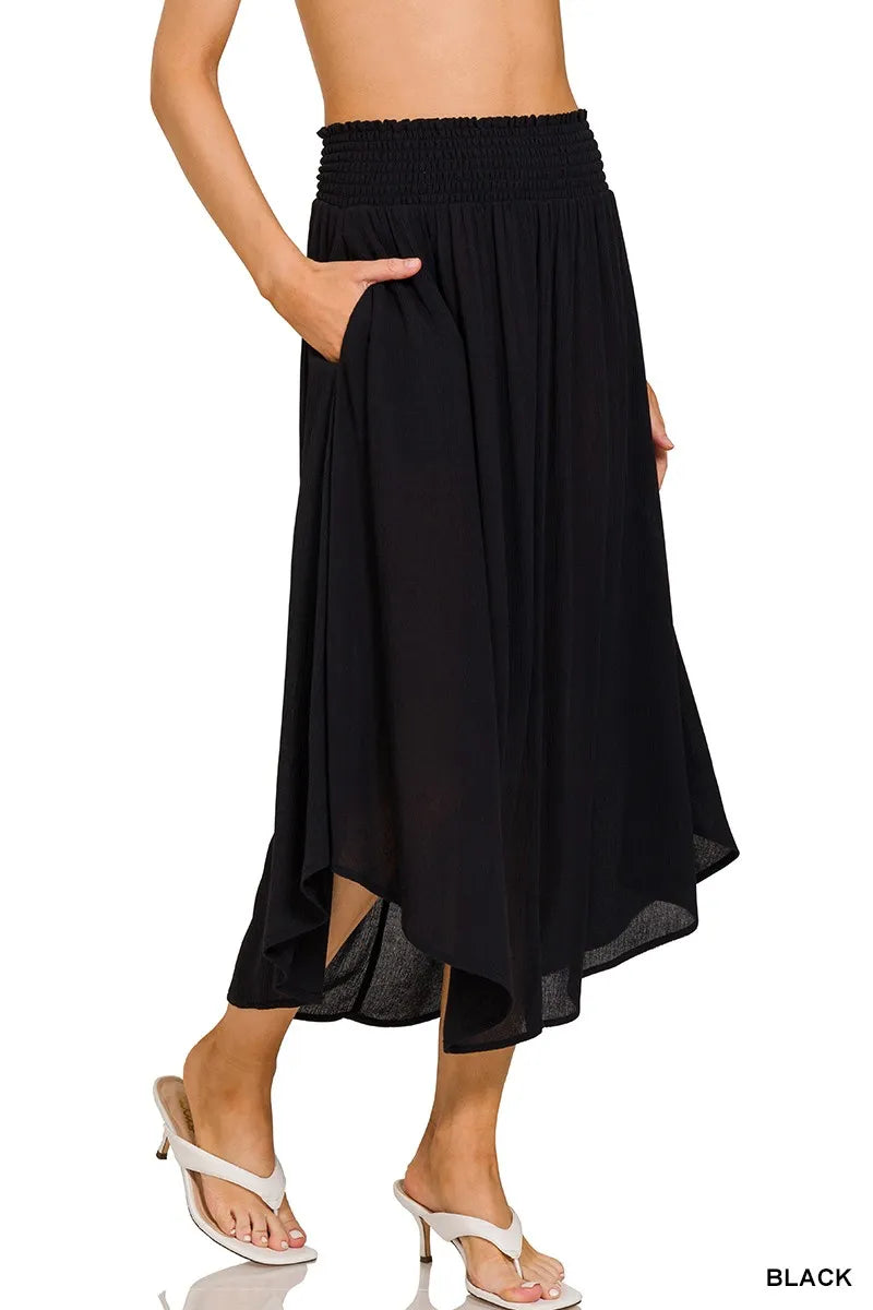 Zenana Midi Skirt Black High-Low Woven Crinkle Smocked Waist With Pockets 813946a868ef45619015e43dacc94404-Max-Origin Trendsi