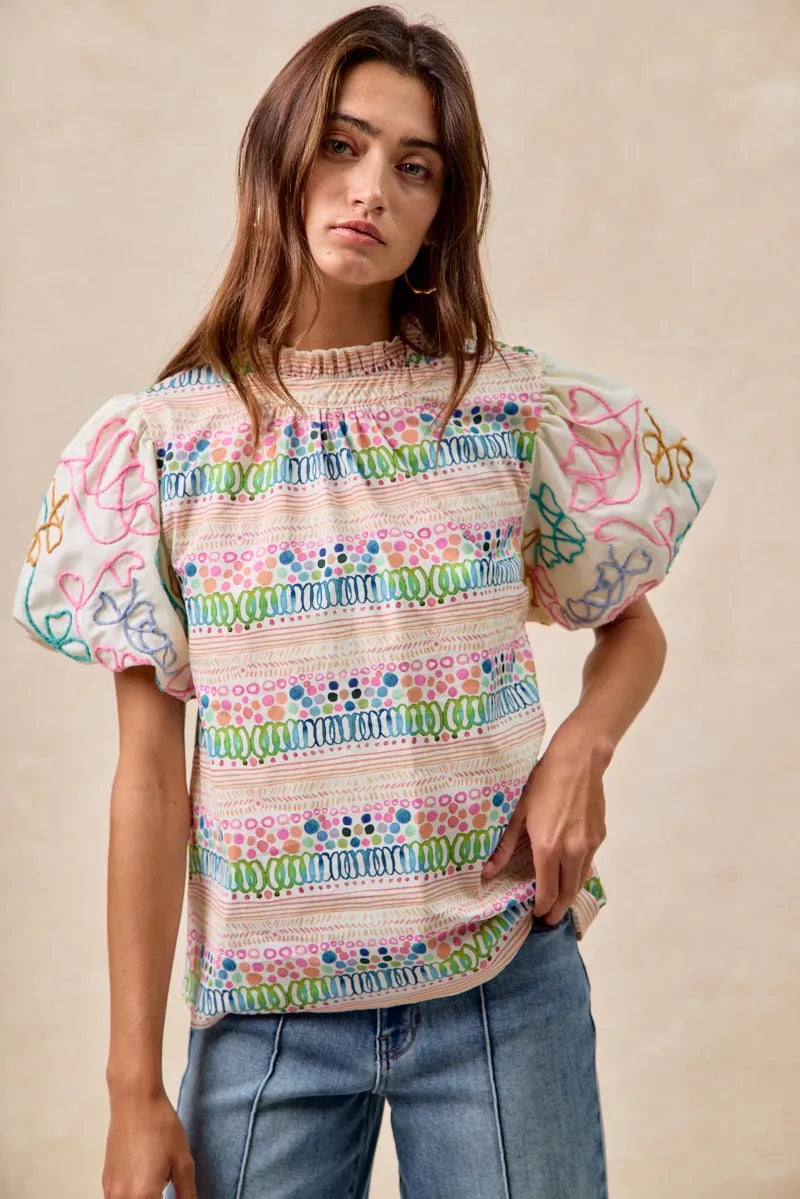 BiBi Blouse Multicolor Ruffle Neckline With Embroidery Bubble Short Sleeve Top 8141cb41ef7240cf9f8f3b64a2bd25b8-Max-Origin Trendsi