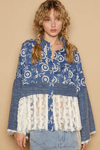 POL Women Shirt Floral Blue Lace Hem Embroidered Long Sleeve Embroidered Peacock Blue 81447c1f-83b9-4194-bd66-ec2a1cb2b329-Max Trendsi