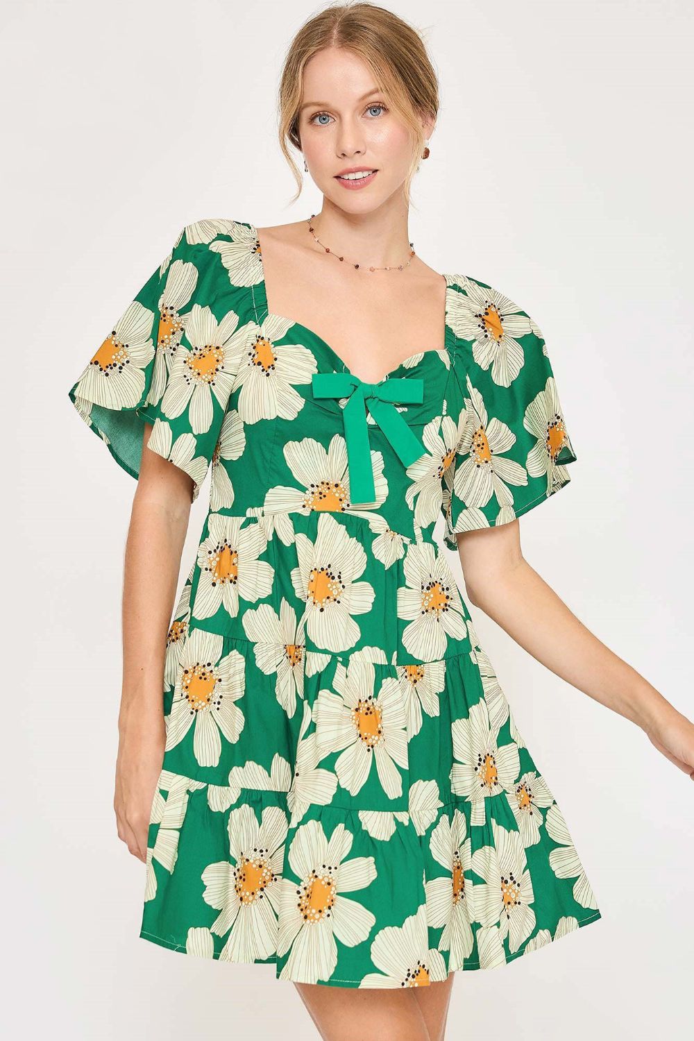 Umgee Mini Dress Daisy Green Print with Ribbon Details Ruffle Short Sleeve Green 8147780f-0518-4590-a88d-f1ec20eb75ca-Max Trendsi