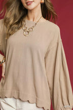 Umgee Linen Blousec Latte Brown Scallop Hem Long Sleeve Womens Top 814a94cb-6554-4766-91ca-4d65082ad393-Max-Origin Trendsi