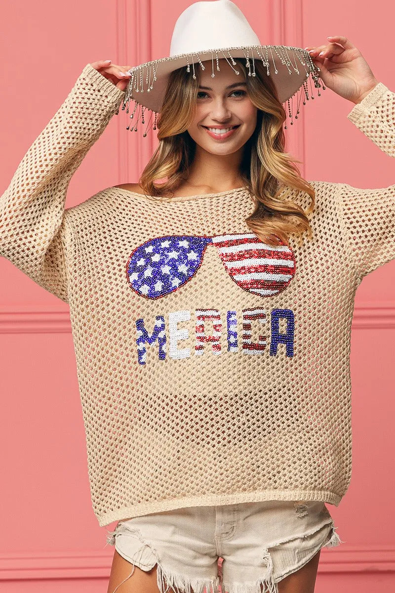 BiBi Knit Top Sequin American Flag Sunglasses Long Sleeve 814c457c2593496b99a0a675326c9d11-Max-Origin Trendsi