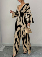Abstract Print Belted V-Neck Wide Leg Jumpsuit