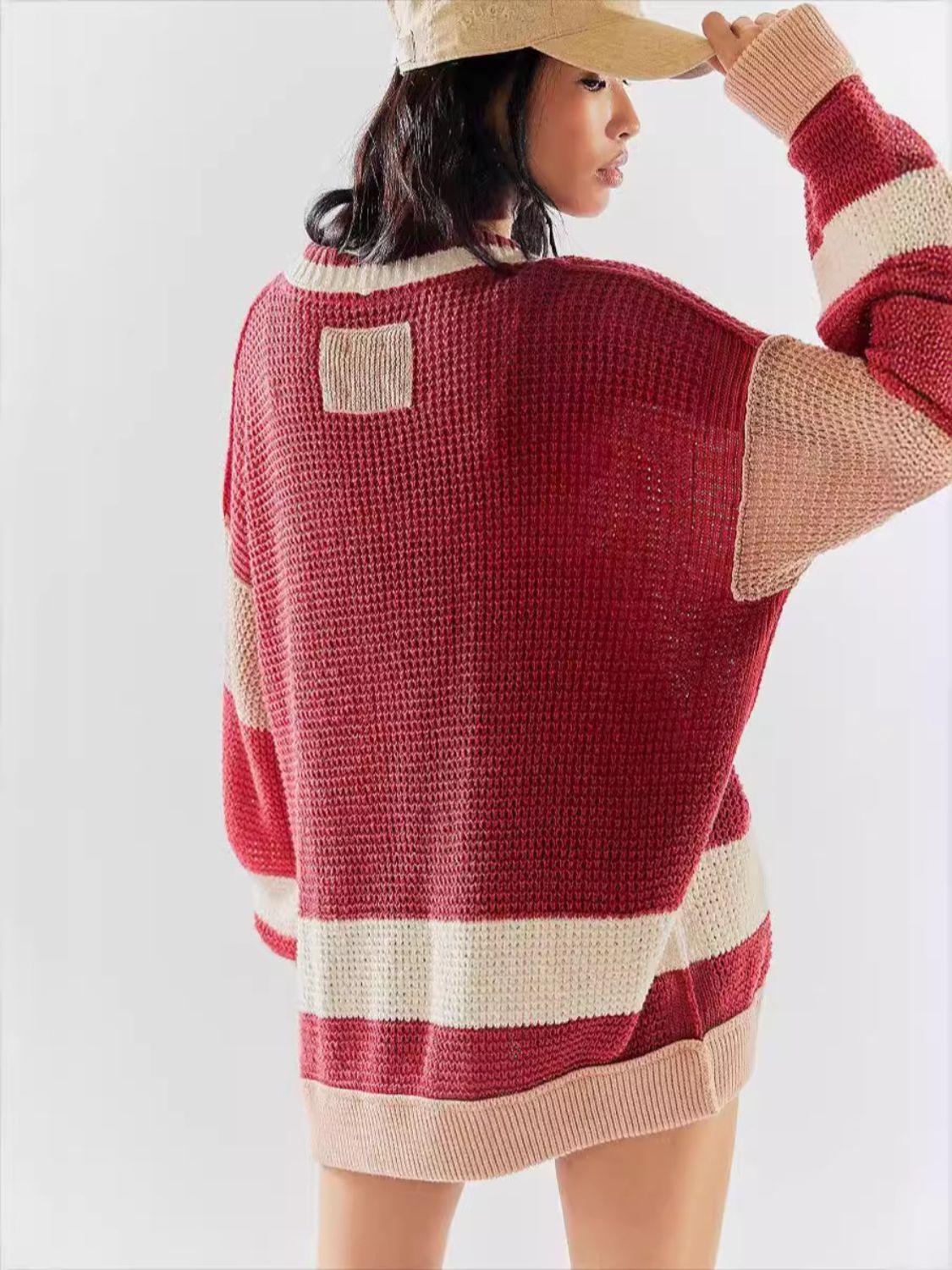 Pocketed Cardigan Contrast V-Neck Long Sleeve Knitwear 815cbf67-665f-427e-ba15-0c33858b2445-Max Trendsi