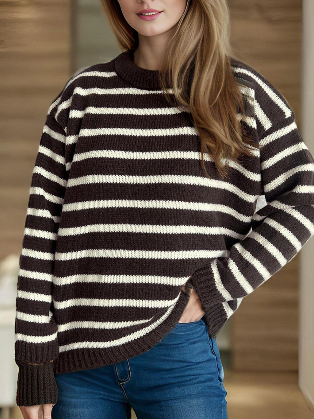 Striped Sweater Round Neck Long Sleeve Oversized Soft Knit Pullover Chocolate One Size 81638e0f-44e1-41da-b277-3a494ef3bc9a-Max Trendsi