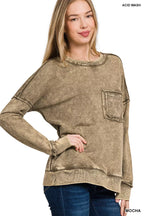 Zenana Womens Sweatshirt Mocha French Terry Washed Raw Edge Front Pocket 8163d049-ddd4-48d3-b7cf-58a28cebc24f-Max-Origin Trendsi