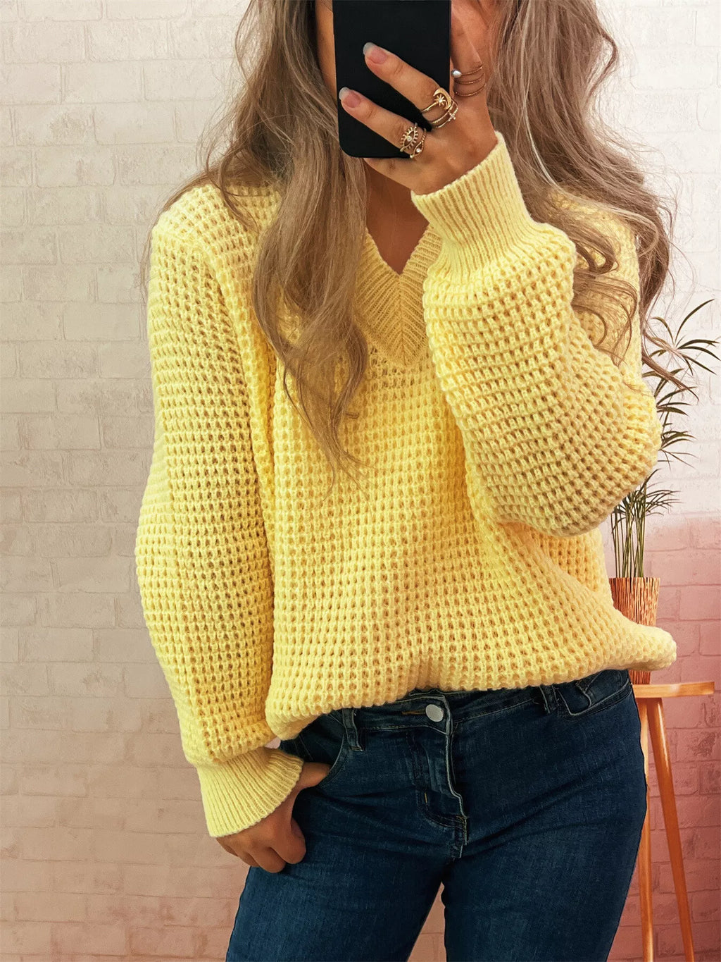 Women's Sweater V-Neck Textured Knit Loose Pullover Yellow One Size 81647f37b5b742ea8a9d18088f2dd270-Max-Origin Trendsi