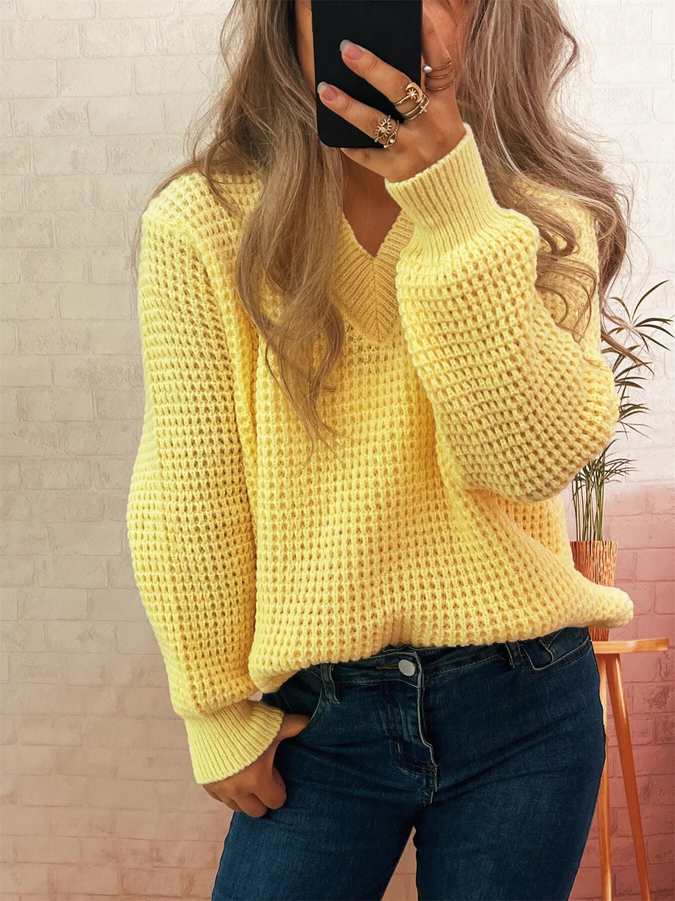 Women's Sweater V-Neck Textured Knit Loose Pullover Yellow One Size 81647f37b5b742ea8a9d18088f2dd270-Max-Origin Trendsi