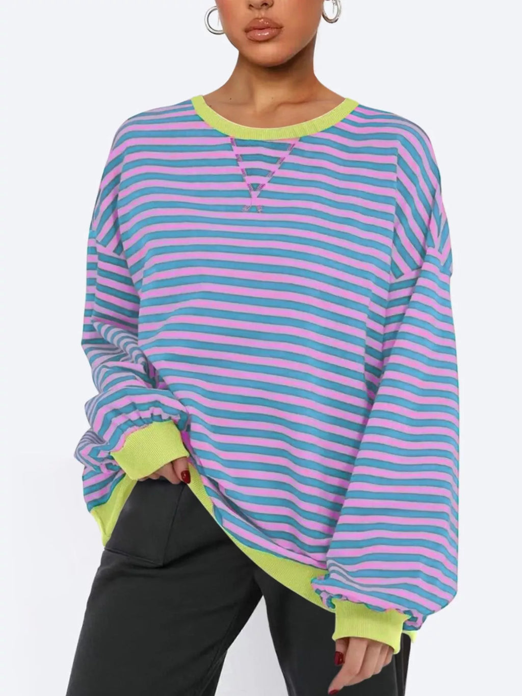 Women's Sweatshirt Striped Round Neck Long Sleeve Oversized Ribbed Dusty Blue 81663af9-b576-481f-9c11-401d4224ef46-Max-Origin Trendsi