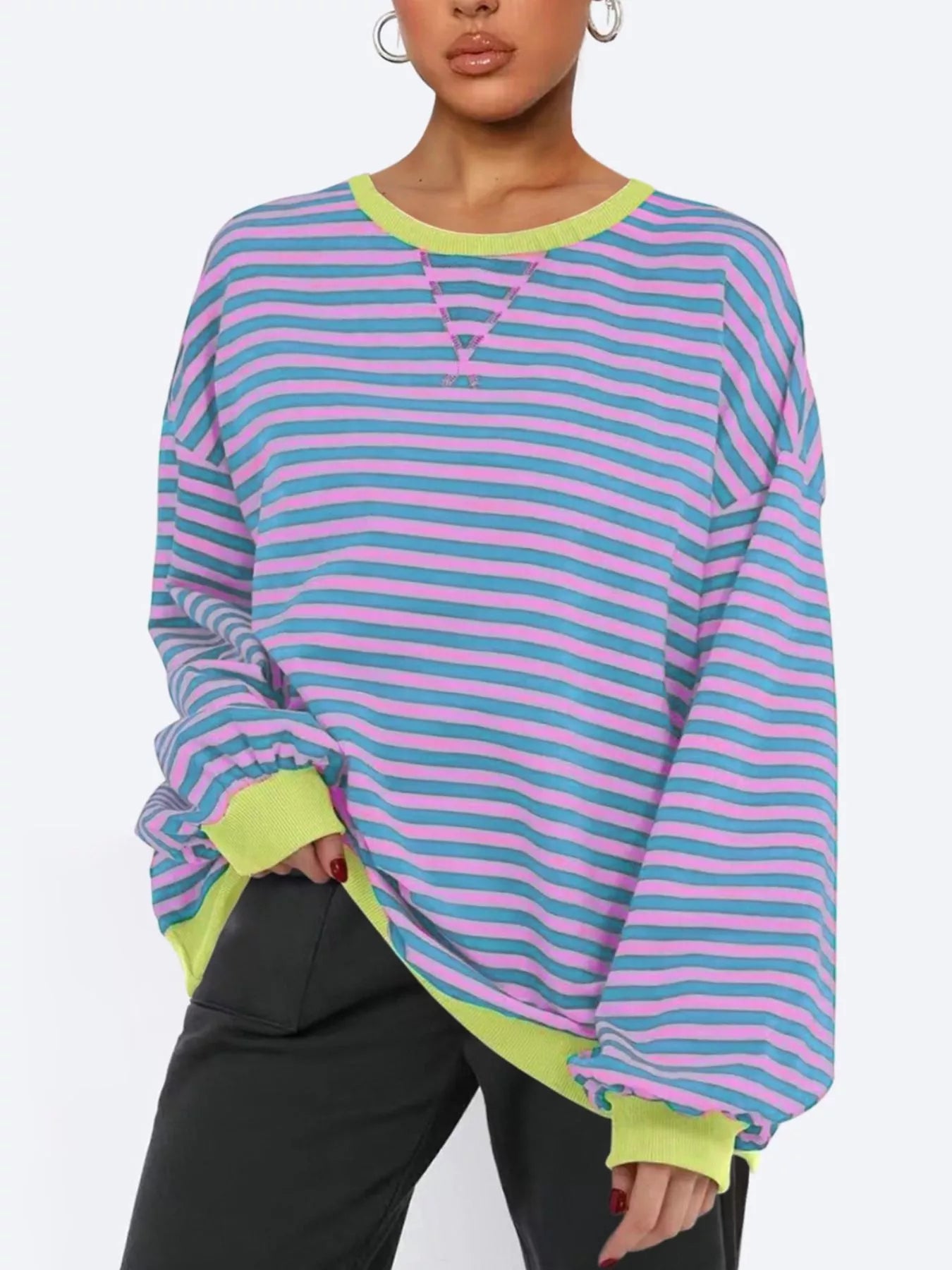 Women's Sweatshirt Striped Round Neck Long Sleeve Oversized Ribbed Dusty Blue 81663af9-b576-481f-9c11-401d4224ef46-Max-Origin Trendsi