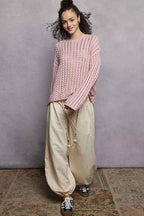 POL Knit Top Openwork Soft Pink Sweater Round Neck with Shiny Detail 8172e004-1d32-49df-bf0d-7de1d22ad1d0-Max-Origin Trendsi