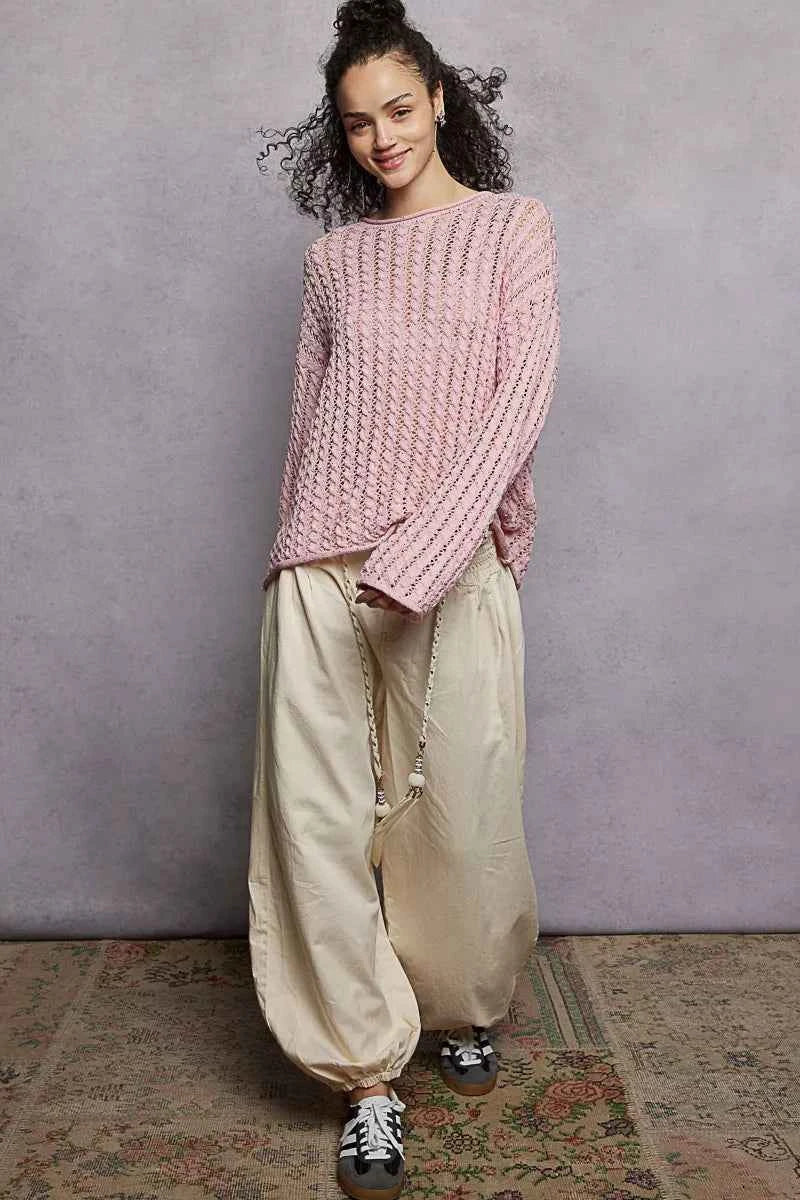 POL Knit Top Openwork Soft Pink Sweater Round Neck with Shiny Detail 8172e004-1d32-49df-bf0d-7de1d22ad1d0-Max-Origin Trendsi