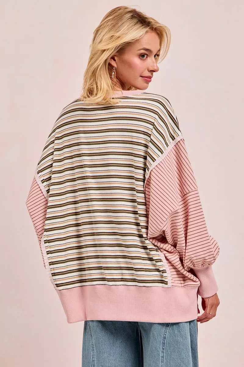 BiBi Womens Sweatshirt Stripe Mixed Top With Cut Edge And Reverse Outseam 8178b34522644553b42528f638b42ded-Max-Origin Trendsi