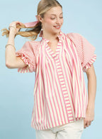 Umgee Blouse Peony Pink Striped Notched Top with Short Flutter Sleeves PEONY 817a2365-d3f1-4c0f-8705-fa50eb554d16-Max-Origin Trendsi