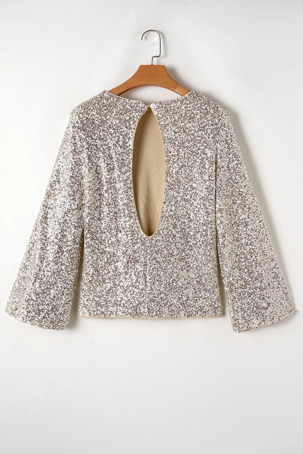 Cutout Blouse Sequin Round Neck Long Sleeve Party Tops 817a8c3b-959a-41ef-8213-afb1dac5d3b0-Max Trendsi