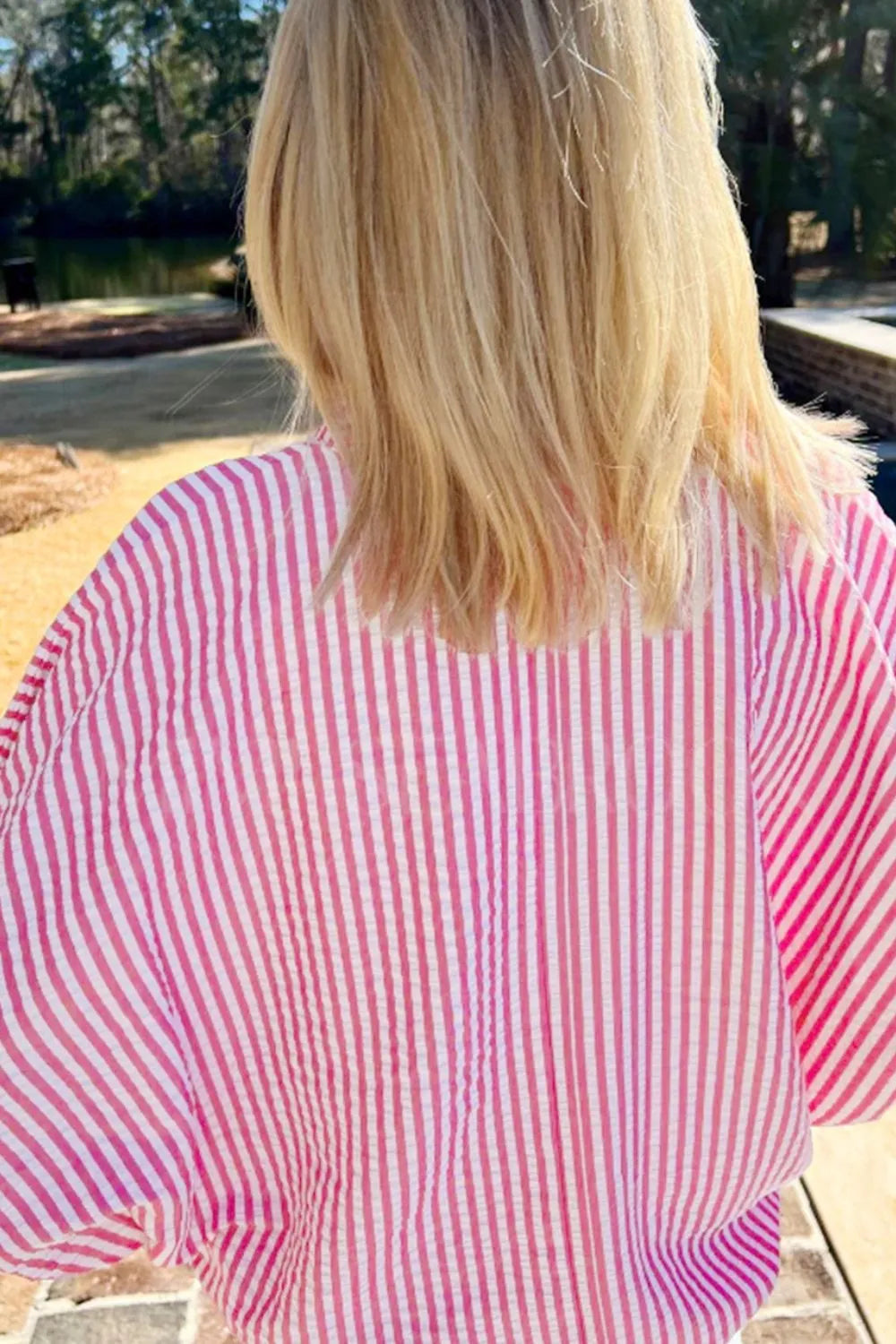 Women's Blouse Striped Print Contrast Split Neck Dolman Short Sleeve 817d65ac-e249-4674-8905-6da338cd9db9-Max-Origin Trendsi