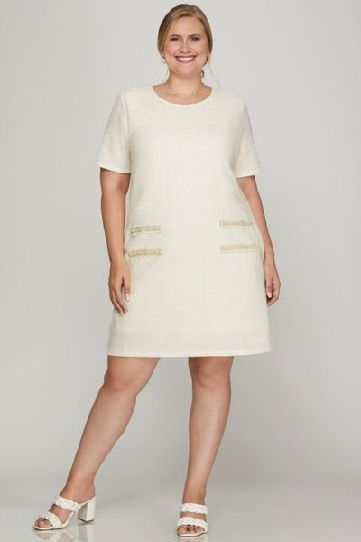 She + Sky Tweed Mini Dress Pearl Studded Trim Knit Ivory Short Sleeve 818063a6-2f37-4f72-bcfb-2ab5c530ce4a-Min Trendsi