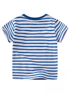 Boy's T-Shirt Children's Cotton Dinosaur Round Neck Blue Striped Short Sleeve Top 8183680f-b85b-47c9-9c3f-034ffb564c23-Max-Origin Trendsi