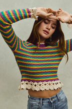 SO ME Mardi Gras Striped Cropped Knit Top with Crochet Edge 818769363c924304b5ccc57738adff3e-Max-Origin Trendsi