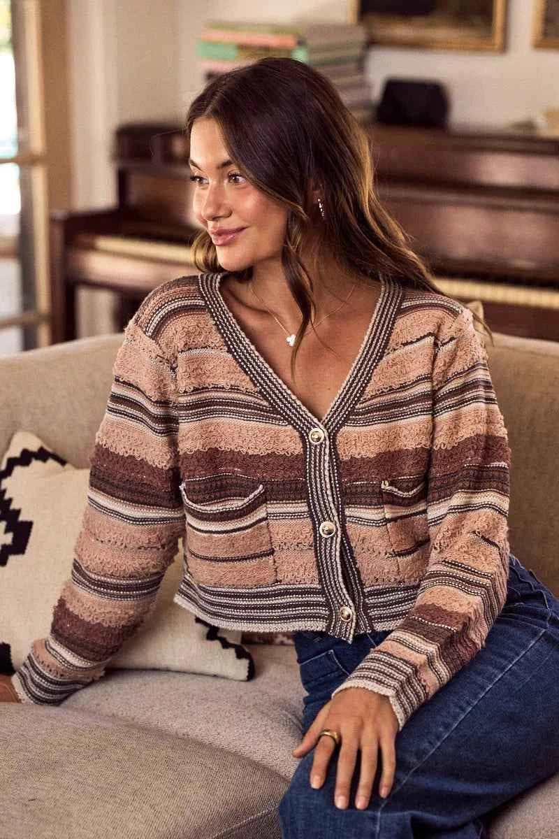 SO ME Women Cardigan Brown Textured Variegated Multi Color Sweater 818801d09a7041b59ead4015ac776fcd-Max-Origin Trendsi