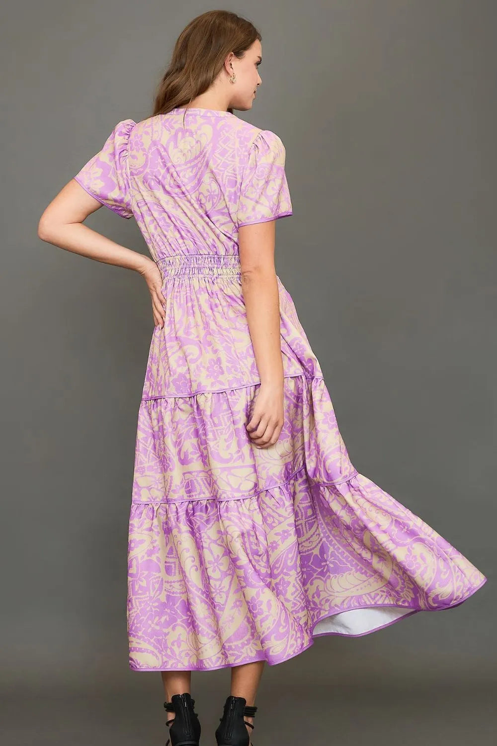 Umgee Midi Dress Purple Printed Notched Short Sleeve Tiered 818a5445-e1c9-471a-8a06-b94cc4c23754-Max-Origin Trendsi