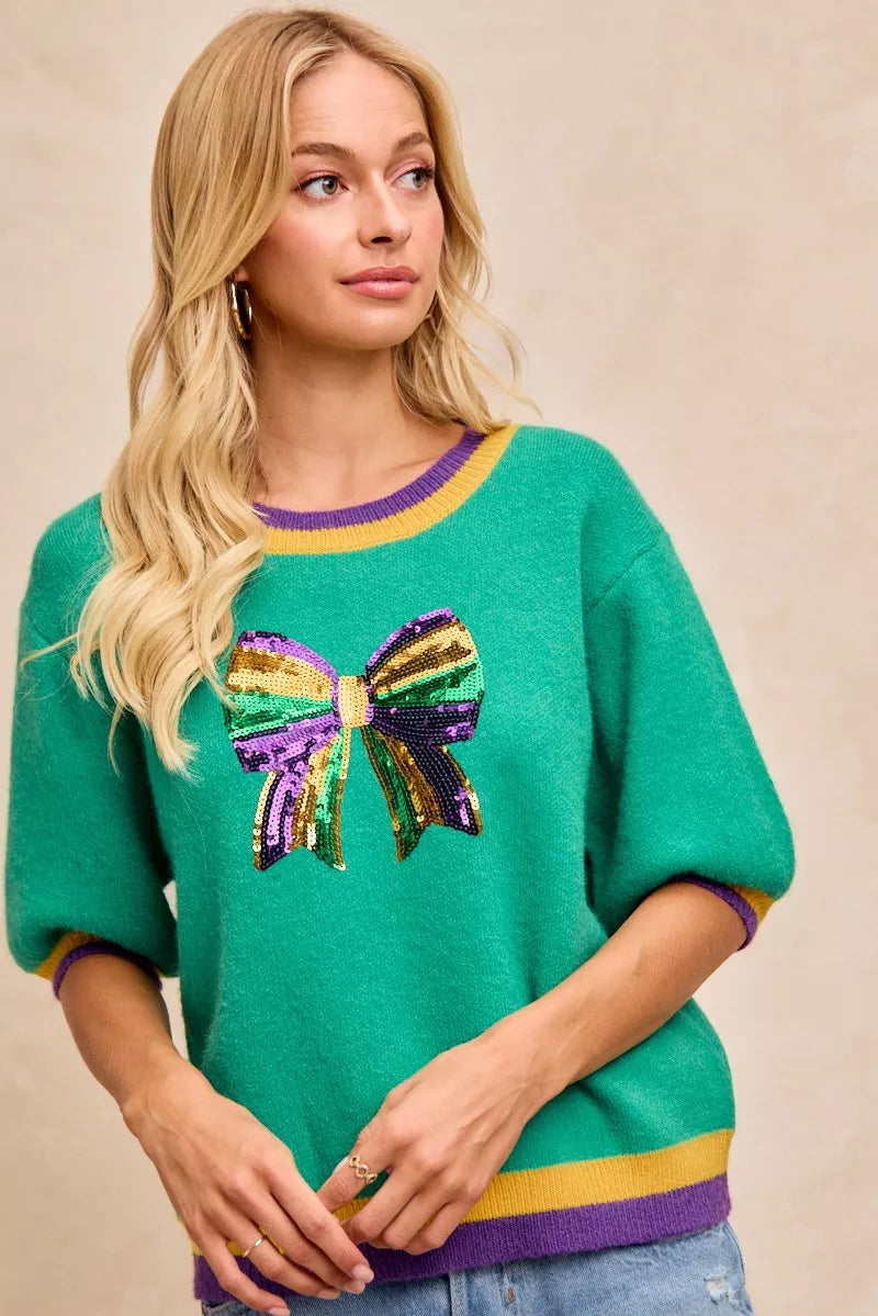 BiBi Sweater Green Mardi Gras Sequin Ribbon Patched Short Sleeve 818ded64c9dd4dfb8a2b345ec02a5eb9-Max-Origin Trendsi