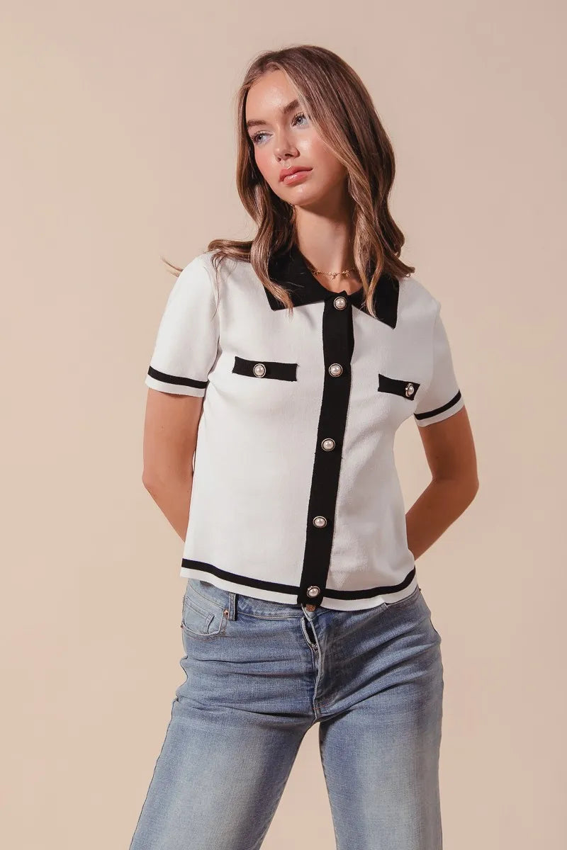 SO ME Sweater Shirt Top Classic Button Up Knitted Short Sleeve Ivory Black 818eacca0b624fe884d0852187a3e607-Max-Origin Trendsi