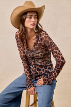 BiBi Women's Shirt Leopard Printed Mesh With Button Up V Neck Long Sleeve 818ffbec543749b3a65d2d9314cf723c-Max-Origin Trendsi