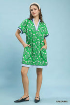 Umgee Printed Split Neck Short Sleeve Shift Dress
