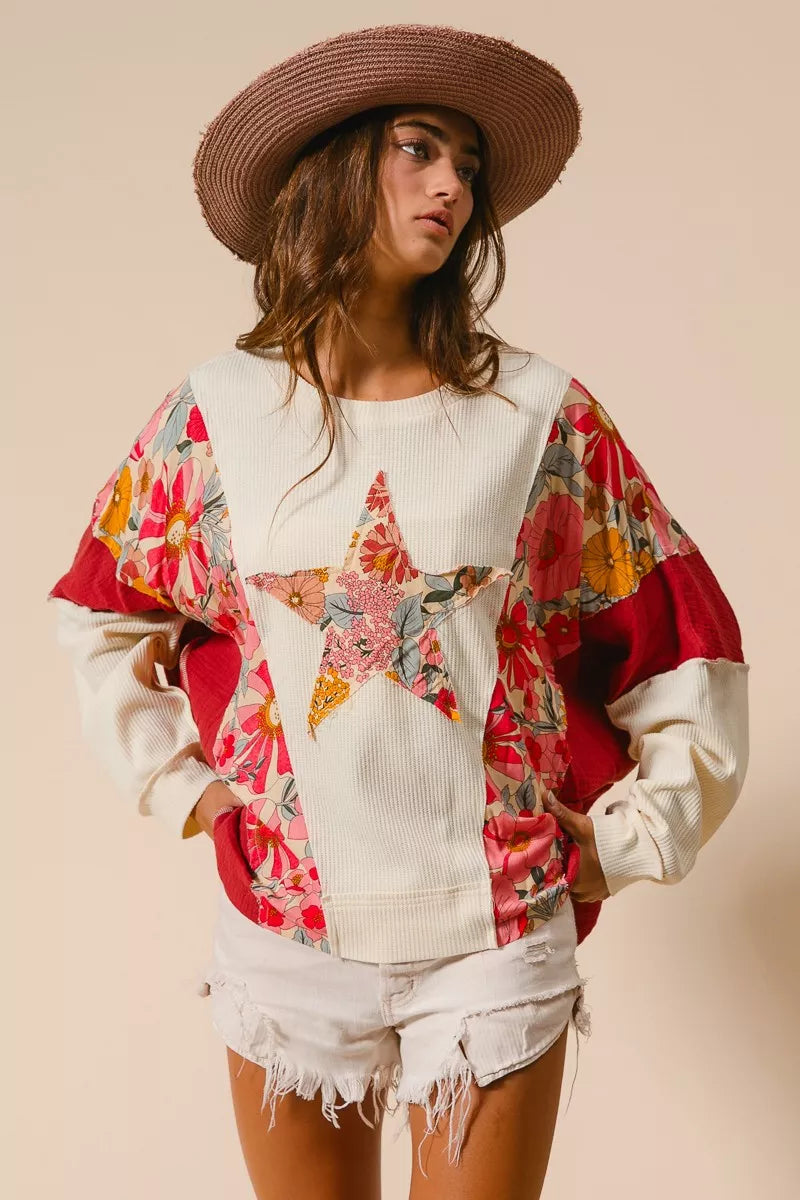 BiBi Sweatshirt Floral Print Mixed Star Patch Round Neck Top 81962906aedd490b929439511c549828-Max-Origin Trendsi