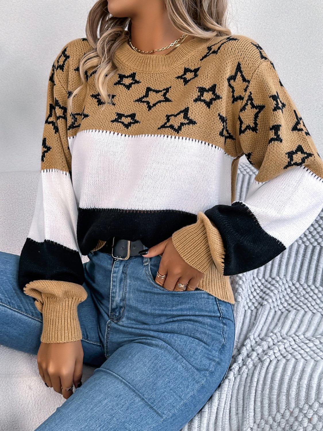 Sweater Star Contrast Round Neck Long Sleeve Knitwear 819b01c3-e702-4325-98e3-07e0b75dc7bb-Max Trendsi